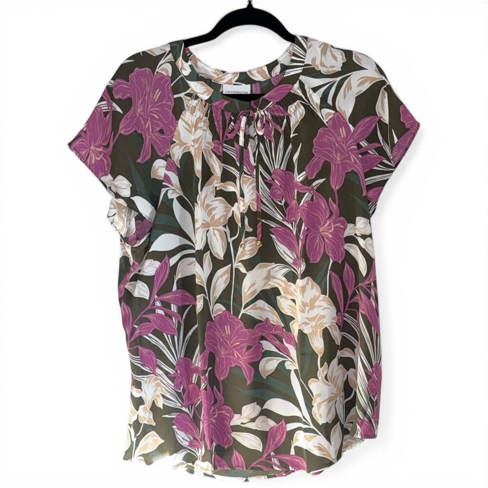 Liz Claiborne Multicolor Women's Floral V Neck Blouse Short Sleeve Size XL